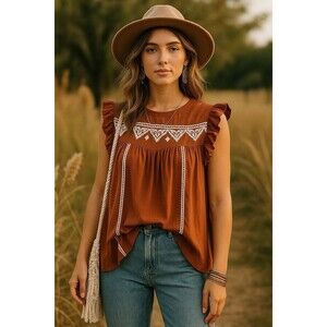 Lascana Woman’s blouse  Rust White Embroidery short flutter sleeves 6 Bohemian